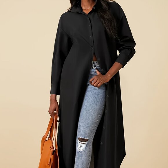 Passion Plus Size Elegant Button Up Long Sleeve Lapel Collar Shirt Dress - Picture 3 of 5